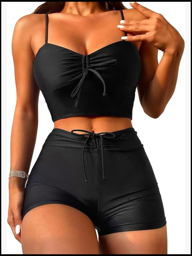 Drawstring High Waisted Bikini Set With Cami Top And Tie Side Shorts